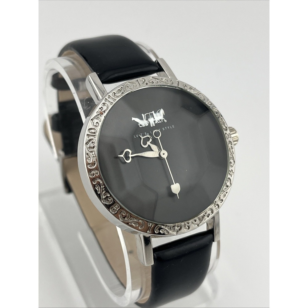 Luiz's Lady Style Watch 38mm Faceted Crystal Black Leather Band- New Battery